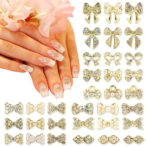 33pcs Bow Charms for Nails, Gold Pearl Bow-Tie Nail Charms 3D Bowknot Nail Charms Y2K for Acrylic Nails, Bow Rhinestone Nail Art DIY Decorations for Girls Women Gifts