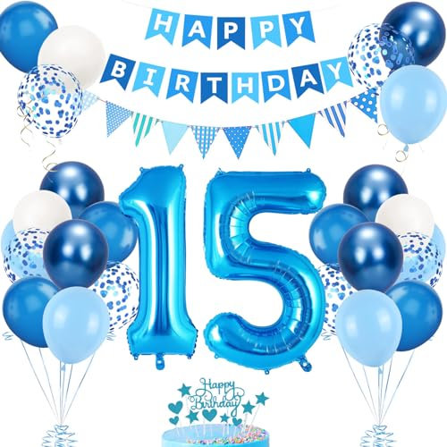 15. Geburtstag Deko Blau, Luftballon 15. Blaue, Geburtstagsdeko 15 Jahr, Junge 51 jahre Luftballon deko Blau, Zahl 15 Helium Luftballons Tortendeko Blau Weiß Ballons für Geburtstag Party Deko