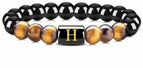 Wycian Pärchen Armbänder, Tigerauge Armband Echt Perlen Kristall Schwarz Buchstabe H mit Modischen Perlen 16.7cmx8mm Elastisch 1er Naturstein Valentinstag