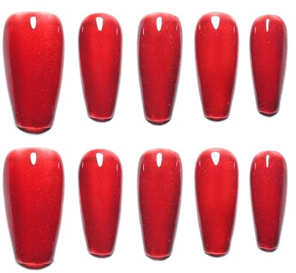 Sun&Beam Nails Handgefertigte Kunstnägel Mittel Lang Sargform Ballerina Nägel zum Aufkleben in Rot Einfarbig Magnetisches Minimalistisch Design mit Klebepads 10 Stück (#164 S)