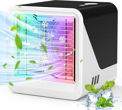 Portable Air Cooler, Mini Air Conditioner, 4-in-1 Personal Evaporative Air Cooler, 3 Wind Speed Desktop Cooler Fan, Portable Air Conditioner with 7 Colours LED Lights, Suitable for Home Office Room