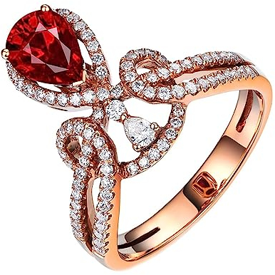 Vorsteckring Gold 750, Ring Frauen Verlobung Kronen Wassertropfen Design Labor Geschaffener Rubin Birnenform Rot Eheringe Gr.53 (16.9) 18K Roségold