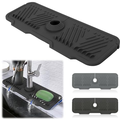 Faucet Guard & Draining Mat for Sink, 5°Upgrades Silicone Kitchen Sink Splash Guard Behind Faucet, Non-Slip, Quick-Drying, Easier to Drain, Faucet Drain Pad for Kitchen Counter,Bathroom(17In*6In)