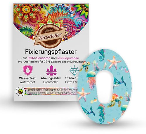 Diasticker® | Pflaster für Dexcom G6 Sensor (10 Stück, Sea Animals) | Wasserfest - Hautfreundlich - Atmungsaktiv - Starker Halt | Selbstklebende Fixierpflaster, Sensor-Fixierung
