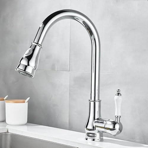 ZYCDP Wasserhahn Küche Messing Retro, Spültischarmatur 360°Drehbar Einhebelmischer Küche Mischbatterie Küche Armatur mit 2 Strahlarten Chrom