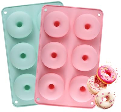 AIBAOBAO Lot de 2 Moules à Donuts en Silicone Antiadhésif, Moule en silicone de qualité alimentaire, silicone à 6 emplacements, pour Gâteaux, Biscuits, Bagels, Muffins, Couleurs Vert et Rose