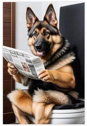 CSESTCGN Lustiges Badezimmer-Poster, Deutscher Schäferhund auf Toilette, Kunstposter, 1 Leinwand-Poster, Schlafzimmerdekoration, Landschaft, Büro, Raumdekoration, Geschenk, 40 x 60 cm