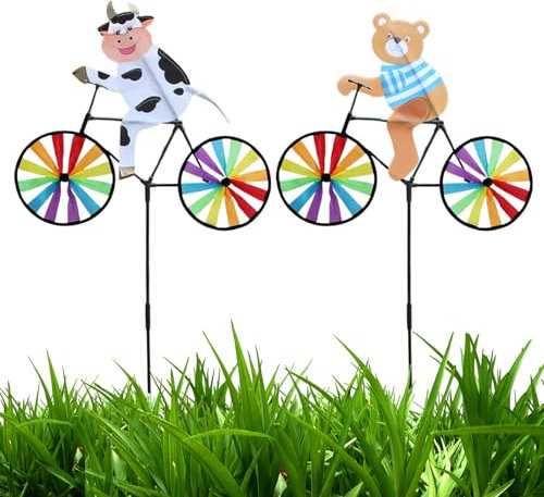 AOpghY Windrad mit Pfahl, 2 Stück, süße Windräder mit Cartoon-Kuh und Bär, Fahrradfahren, 21 x 35 Zoll, Bunte dekorative Windräder für den Außenbereich, Gartenbedarf