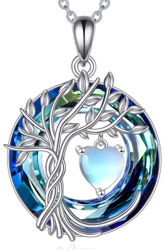 POPLYKE Lebensbaum Geburtstein kette für Damen 925 Sterling Silber Baum des Lebens Schmuck Mondstein Anhänger Juni Geburtstein Edelstein mit Kristall Weihnachten Geschenke für Mutter Ehefrau