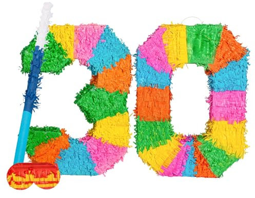 30. Geburtstag-Piñata-Set mit Stab und Augenbinde - Blauer Stick - Mexikaner Kinder Mädchen Jungen Geburtstagsfeier Parteien Spiele Dekorationen Bausatz - Von Fax Potato