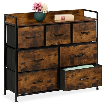 Relaxdays Kommode, HBT: 85x100x30,5 cm, 7 Stoffschubladen, Flur, Schlafzimmer, Industrial Schubladenregal, braun/schwarz