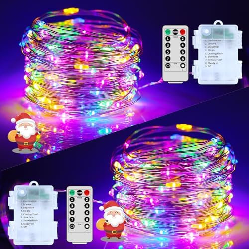 RJEDL Batterie Lichterkette Aussen Bunt, 2x12M 200 LED lichterkette Außen Wetterfest 8 Modi IP65 Wasserdicht Kupferdraht Lichterkette Außen Innen und Outdoor für Garten Terrasse Baum Hof Party
