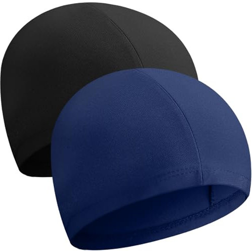 Halinuia 2 Pcs Bonnet de Bain Piscine, Enfants Adulte Bonnet de Bain Élastique Tissu Polyester Souple Bonnet de Natation (Noir, Bleu Marine)