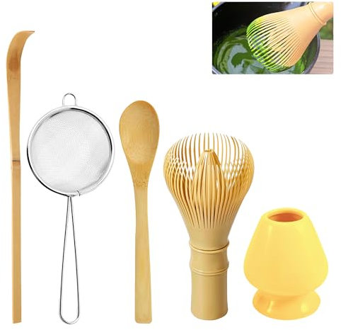 5-Piece Matcha Whisk Set, Traditional Japanese Tea Set Includes Matcha Whisk, Matcha Whisk Holder, Matcha Sieve, Matcha Spoon, Bamboo Spoons