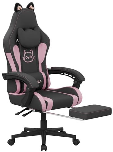 bigzzia Sedia da gioco carina con orecchie di gatto e supporto lombare massaggiante, sedia ergonomica per computer per ragazza con poggiapiedi e poggiatesta (nero e rosa)