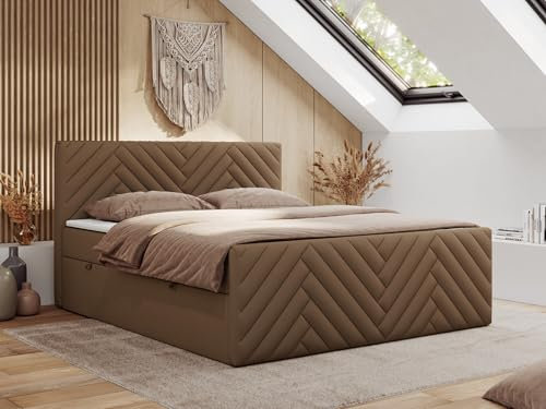 MKS MEBLE Boxspringbett 200x200 mit Bettkasten Matratze H4 - Paris Duo - Braun Kunstleder