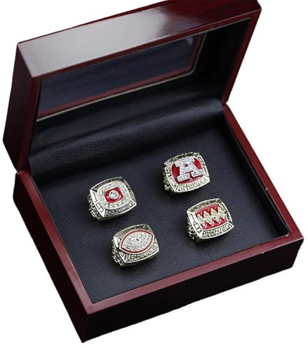 Wonsunte Rugby-Meisterschaftsringe 4-Teiliges Set 1990 1991 1992 1993 Meisterschaftsring Mit Holzvitrine Geschenk Für American-Football-Fans Familie Freunde Alumni