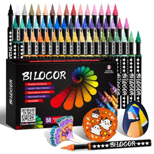 Kit 50 Feutres Acryliques Couleurs vives + EBOOK OFFERT, Marqueur peinture acrylique pour Coloriage Adulte et Enfants, Feutre Acrylique à Séchage Rapide pour Verre, Bois, Pierre Métal Céramique Tissu