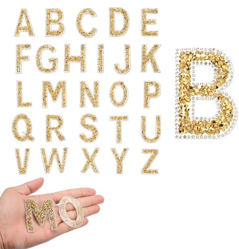 sourcing map 26pcs Rhinestone Iron on Letter Patches, A-Z Self Adhesive Glittery Rhinestone Alphabet Letter Sticker Appliques for DIY Jackets Hats Clothes Backpack, Gold