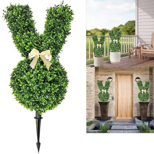 Künstlicher Buchsbaum Hase Gartenstecker, Hasen Topiary 3D, Hasenfigur In GrüN Osterhasenbaum FüR Die Dekoration Der Bunny FormschnittbäUme Mit Erdspieß FüR DraußEn,Gartendekoration, Ostern Deko(55cm)