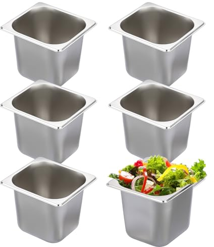 SUMNACON 6pcs 1/6 Gastronormbehälter aus lebensmittelechte Edelstahl,Stapelbares Panierset,von -60° bis 400°C,Spülmaschinengeeignet Panierschalen für Schnitzel Fleisch Fisch Obst Eis Sauce 14,5cm hoch