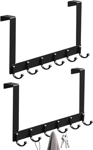 Woobroo 2 Pack Over Door Hooks Hanger - Heavy Duty 28cm Tall, 40cm Wide, 6 Hooks for Coats, Towels, Bags, Clothes - Ideal for Bathroom, Bedroom, Kitchen (Black)