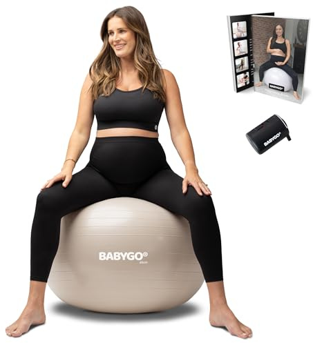 BABYGO® Birthing Ball For Pregnancy Maternity Labour & Yoga + Our 100 Page Pregnancy Book, Exercise, Birth & Recovery Plan, Anti-Burst Eco Friendly Material (Oatmeal, 65cm - Electric)