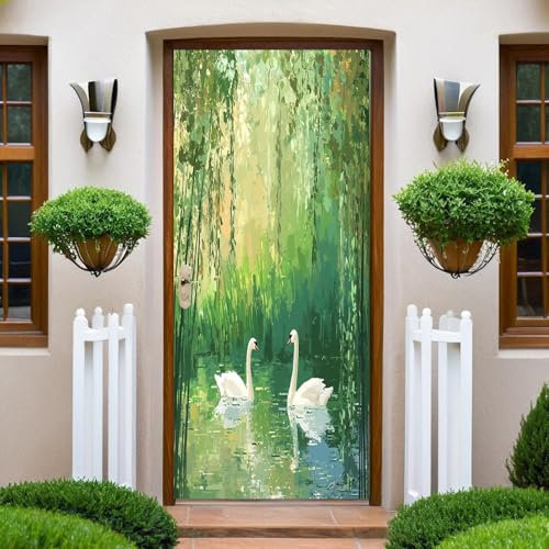 Door Sticker Peel and Stick 90x200 cm Lake View Swan Green Photo Wall Murals Wallpaper Removable Self-Adhesive Door Murals for Bedroom Living Office Bathroom Home Improvement