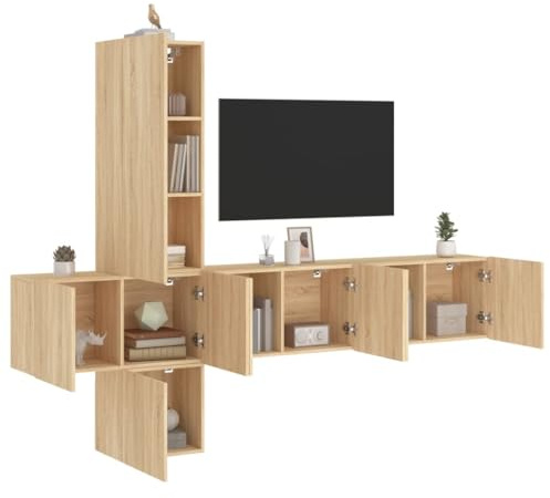 WEMYUFURN 5-TLG. Wohnwand Sonoma-Eiche Holzwerkstoff kommode Sideboard hängend tv Regal Sideboard Wohnzimmer