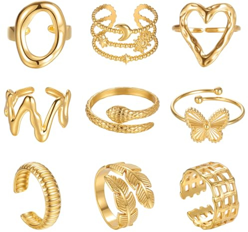 TIZU 9 Stück Damen Gold Ringe Set Edelstahl 18K Echte Goldplattierung Verstellbare Wasserfest Rings für Frauen Mädchen