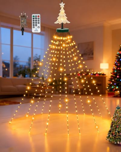 DANGZW 2M Christmas Tree Lights, 350 LEDs x 10 Strand for 1.5-2.4m Trees, IP65 Waterproof Waterfall Christmas Tree Lights with Ring & Topper Star, Memory Function, 8 Modes, Indoor/Outdoor - Warm White