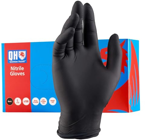 Quinton Hazell Black -Heavy-Duty Black Nitrile Gloves – Powder-Free, Latex-Free, Textured Fingertips – 100 Pack - Large