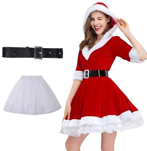 DAJASD Damen Weihnachtsmann Kostüm, 3PCS Weihnachtsfrau Kostüm Damen mit Kapuze Nikolaus Hektik und Gürtel, Weihnachtsmann Kleid, Weihnachtskleider für Frauen für Weihnachtsfeier Cosplay Party Karneva