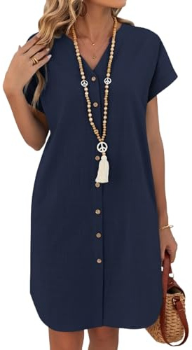 Zeagoo Women's Linen Dresses Short Sleeve Shirt Dress Short Summer Cotton Dress with Pockets Casual Beach Cover Up S-XXL