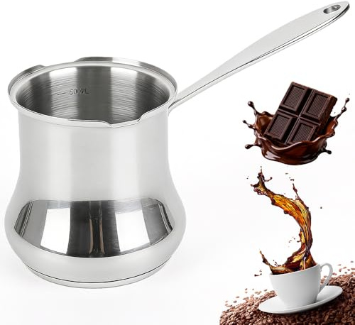 AXVRAV Türkische Kaffeekanne 500ml, Edelstahl Mokkakanne Induktion mit Schnabel & Griff, Griechisch-Arabische Kaffeemaschine für Milchbutter Honig