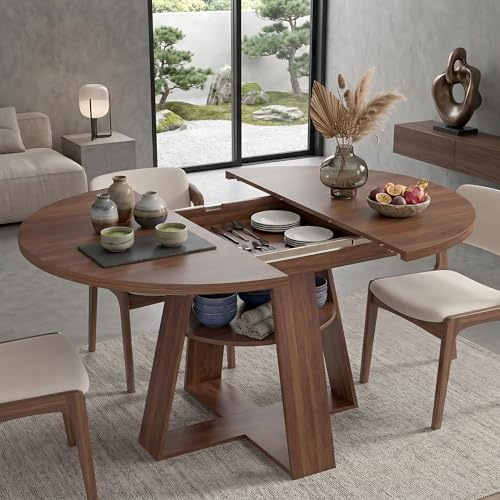 Aislinglen Esstisch Rund Ausziehbar, Esstisch Ausziehbar Weiss 100-140x100x75cm, Ausziehtisch Esszimmer für 2-8 Personen, Küchentisch mit abnehmbarer Tischplatte, Holzgestell mit Ablagefläche, Walnuss