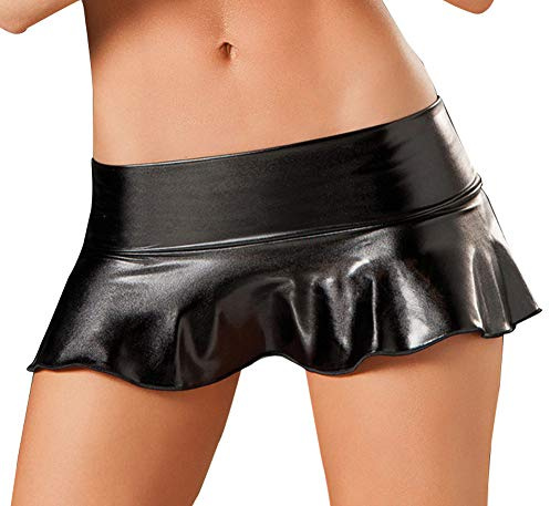 HOT DREAM Femme Mini Jupe à Volants Plissés - Effet Métallique Brillant - Similicuir Effet Mouillé - Sexy - Pour Club, Danse, Fête (Noir)