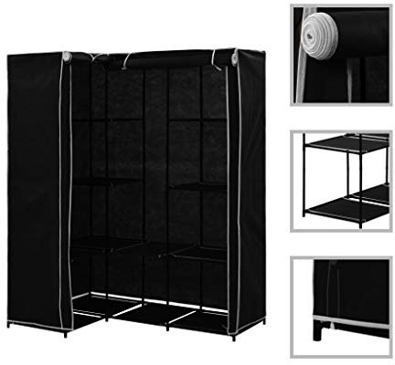 Tidyard Eckschrank Eck-Kleiderschrank Faltschrank Kleiderstangen Stoffschrank Abmessungen:130 x 87 x 169 cm (B x T x H), Eisenrohr + 100% Polyester,Schwarz/Creme