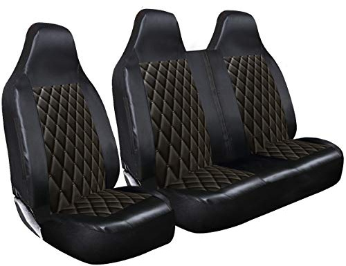 Rhinos-Autostyling für Ford Transit MK5 MK6 MK7 MK8 – Premium Van Sitzbezüge Einzel Fahrer- und Doppel-Beifahrersitzbezüge – 2 + 1 – Schwarz gestepptes Diamant Leder