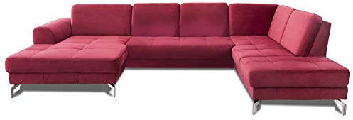 CAVADORE Wohnlandschaft Benda / Große Sofagarnitur mit XL-Longchair links & Federkern / Inkl. Sitztiefenverstellung / 332 x 87 x 226 / Samt: Rot