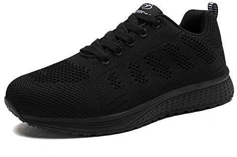Minbei Damen Turnschuhe Hallenschuhe Atmungsaktiv Outdoor Fitnessschuhe Laufschuhe Schnürsenkel Frauen Sportschuhe Flach Voll Schwarz, 39 EU