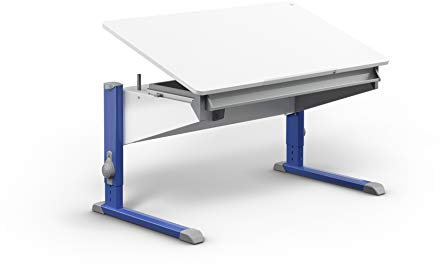 Moll Bandit Kinderschreibtisch höhenverstellbar | mitwachsend, ergonomisch & neigbar für aufrechtes Sitzen | ideal für Schulkinder | Schreibtisch weiß (Standard, Blau, 117,2cm x 70,5cm)