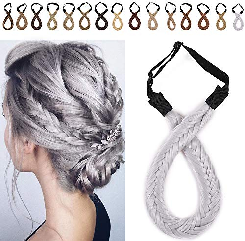 SEGO Braids Extensions Stirnband Haarband geflochtene Haarverlängerung Haarteil verstellbare Stretch Französisch Flechten Haar Beauty-Accessoire für Frauen Silber-Grau Stil A-Fest