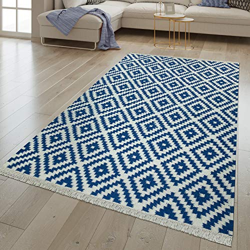 TT Home Handgewebter Fransen Trend Teppich | Moderne Marokkanische Muster | Blau Weiß, Größe:80x150 cm