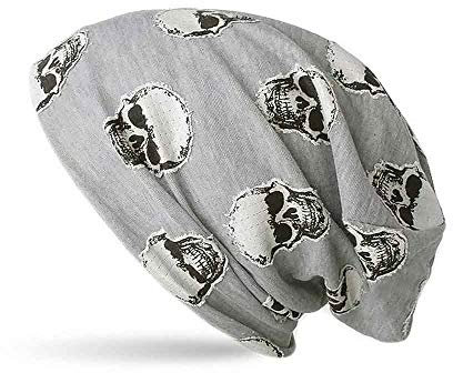 stylx Beanie Mütze mit Totenkopf Print im Destroyed Vintage Look, Slouch Longbeanie, Unisex (grau)