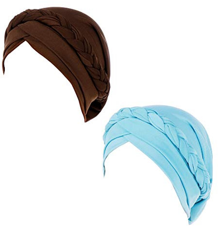 Vorgebundener Turban für Damen, Boho-Beanie, Chemo-Kappen, Krebsmütze, 2 Stück Gr. Einheitsgröße, Kaffee und Türkis