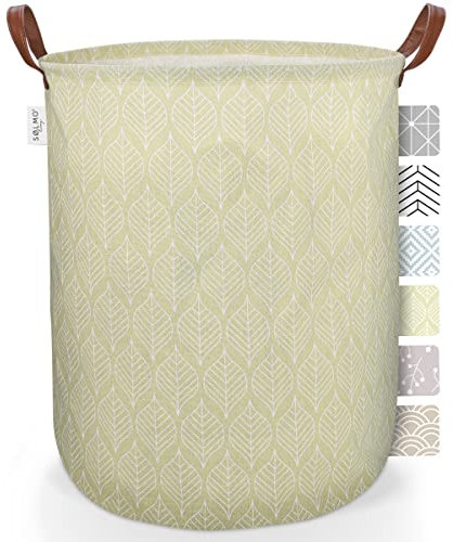 sølmo I Aufbewahrungskorb Groß mit Leder-Henkel 63L, Wasserabweisend – Universell für Kinder oder Bad, Wäschekorb Kinderzimmer, Wäschesammler aus Stoff Canvas (Green Leafs)