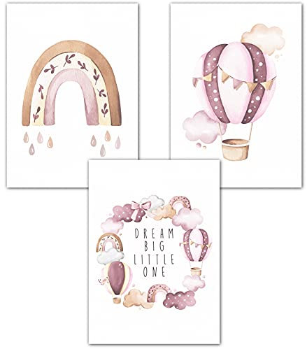 double critical Lemmami Papeterie 3er Set Boho Deko Wandbilder Kinderzimmer Babyzimmer Poster Bilder Mädchen Junge Dream Big Little One (Rosa Heissluftballon Regenbogen)