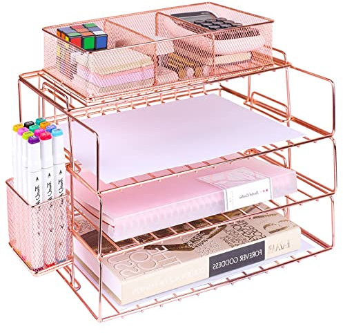 Papier-Briefablage, 4 Ebenen, Roségold, Schreibtisch-Organizer, stapelbarer Papierablage, Organizer und Stifthalter, Schreibtisch-Ablagefach Organizer mit 3 Fächern, Zuhause, Büro