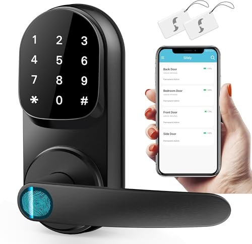 Sifely Keyless Entry Smart Lock - Fingerprint & Keypad Access, Front Door Handle, Black